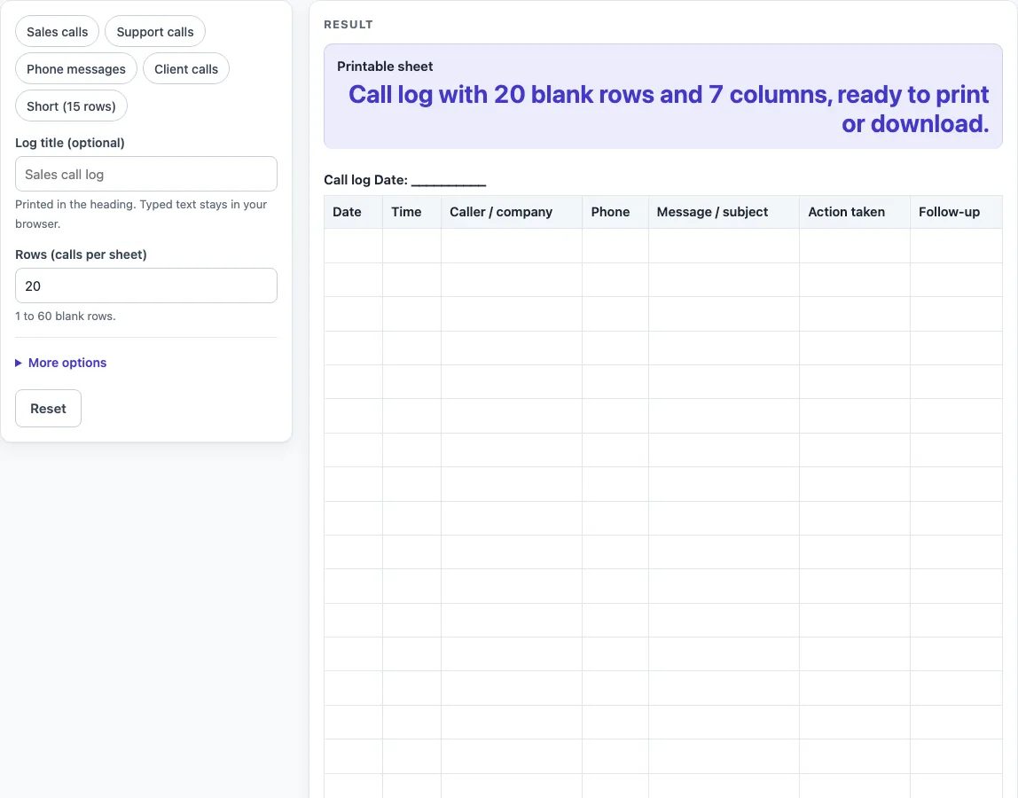 Call log template example