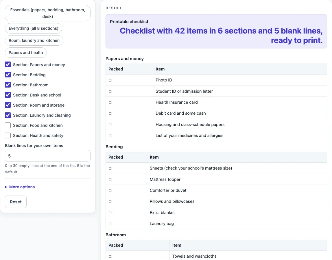 College dorm checklist example