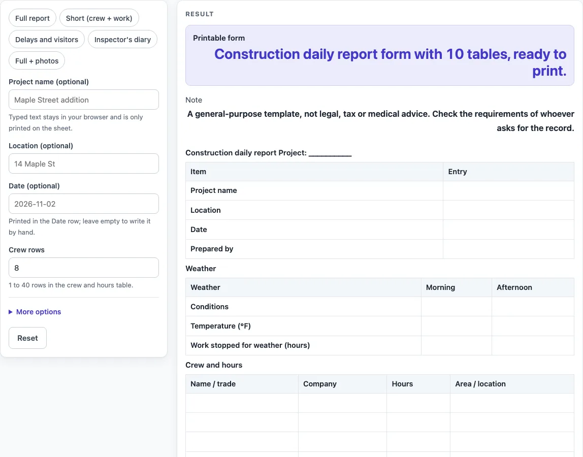 Construction daily report template example