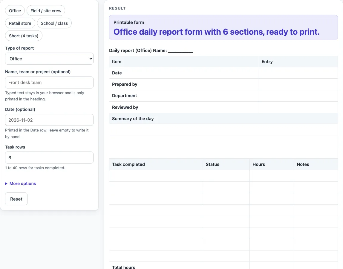 Daily report template example