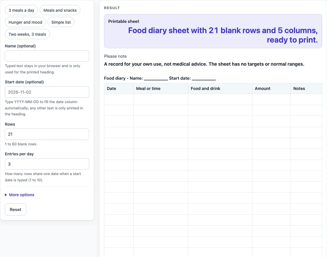 Food diary template example