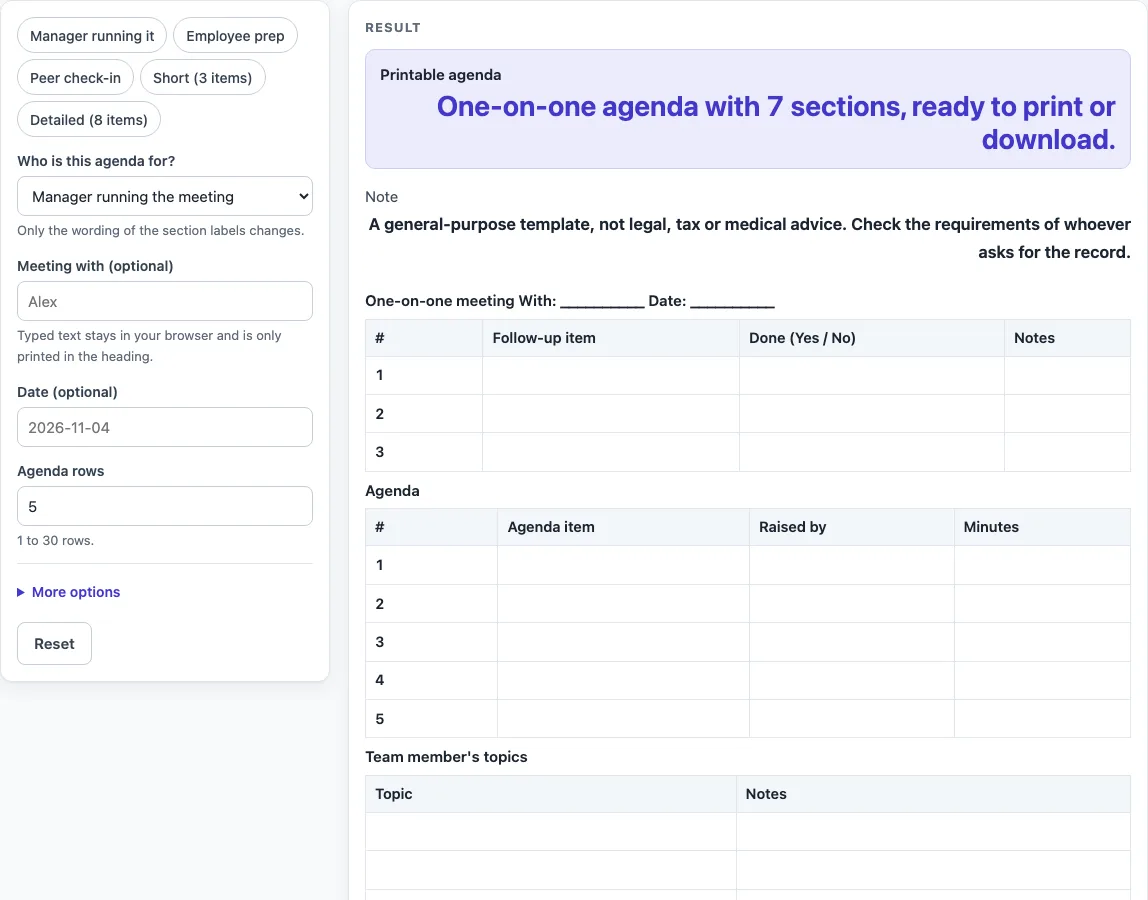One on one meeting agenda template example