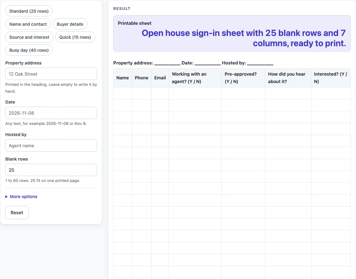 Open house sign in sheet example