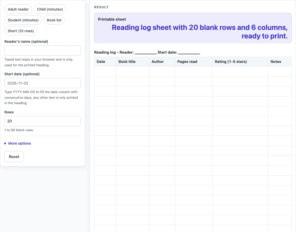Reading log example