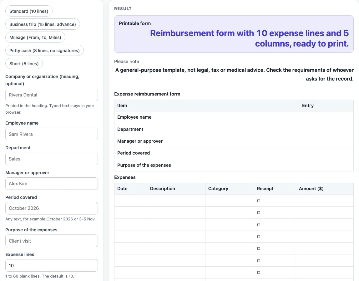 Reimbursement form example