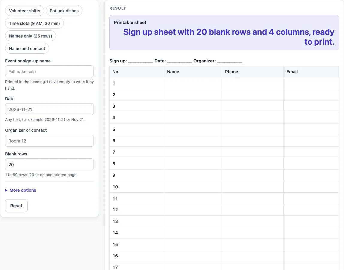 Sign up sheet template example