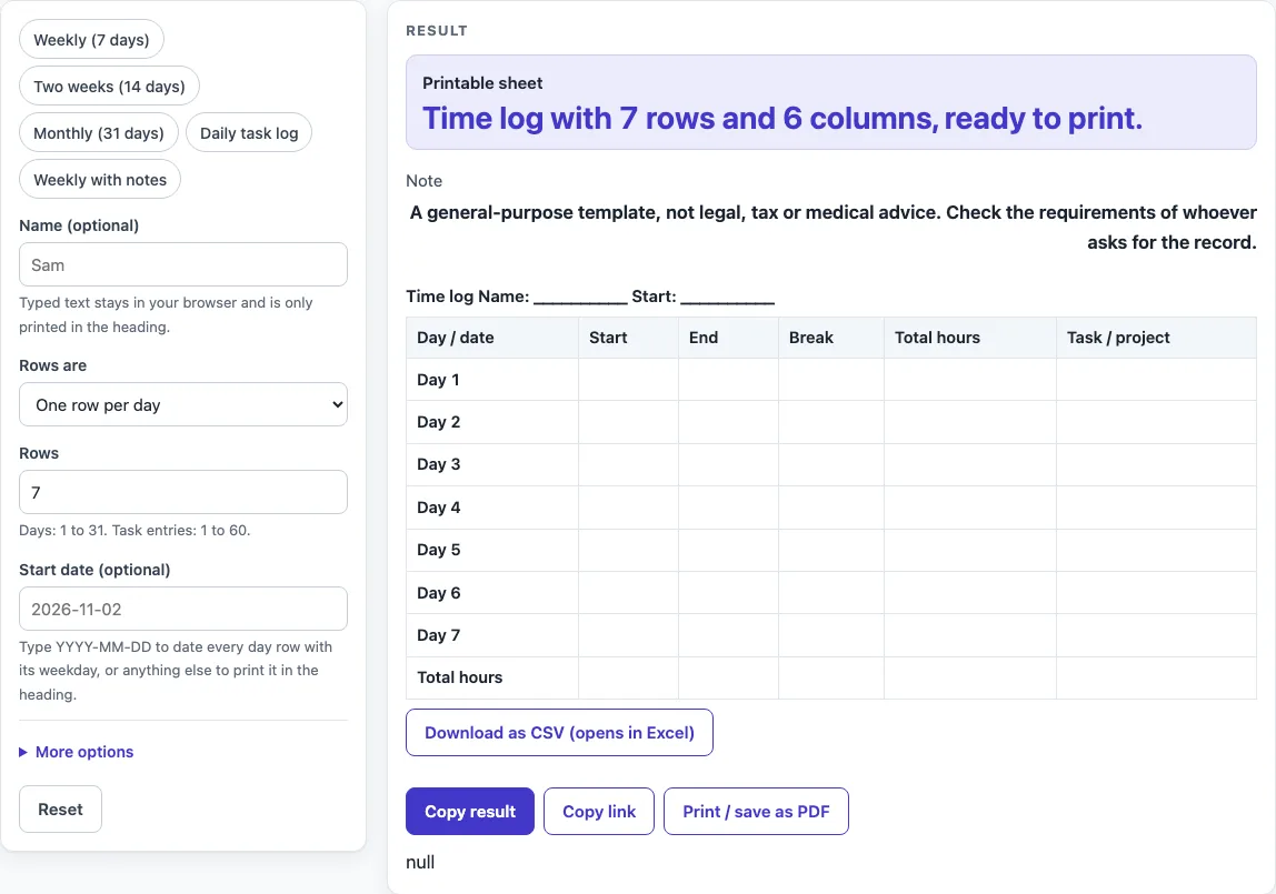 Time log template example